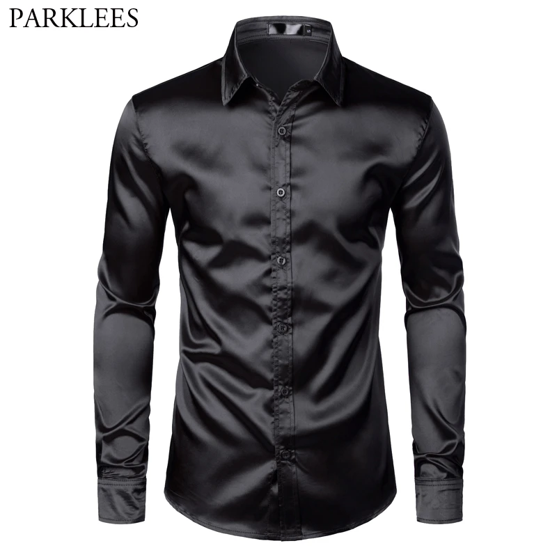 Black satin button up shirt mens Clearance