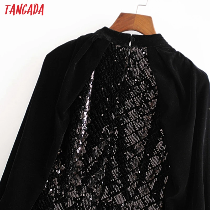 Tangada, женское сексуальное черное мини-платье с блестками, блестящее, длинный рукав,, Дамское элегантное Новогоднее праздничное платье, vestidos 3H34