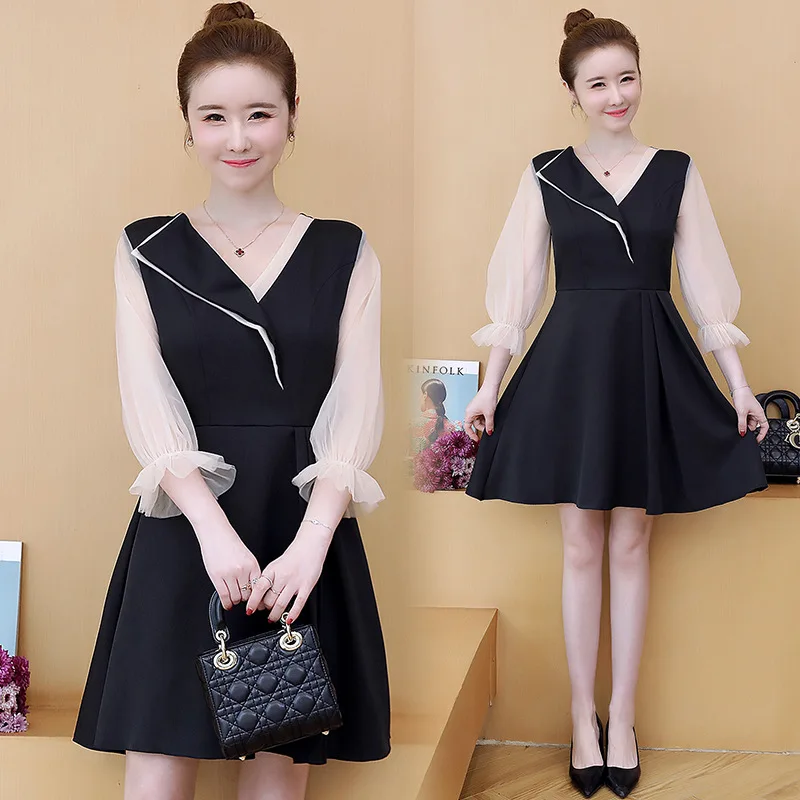 

Photo Shoot 2019 New Style Large GIRL'S Autumn And Winter Base Outer Wear Large Size Gauze Splicing Dress Big Goods Has