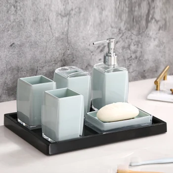 

Transparent Acrylic Bathroom Accessory Set Six-pieces Kit Toothbrush Holder Washing Tools Water Bottle Mouthwash Cup Soap Dish