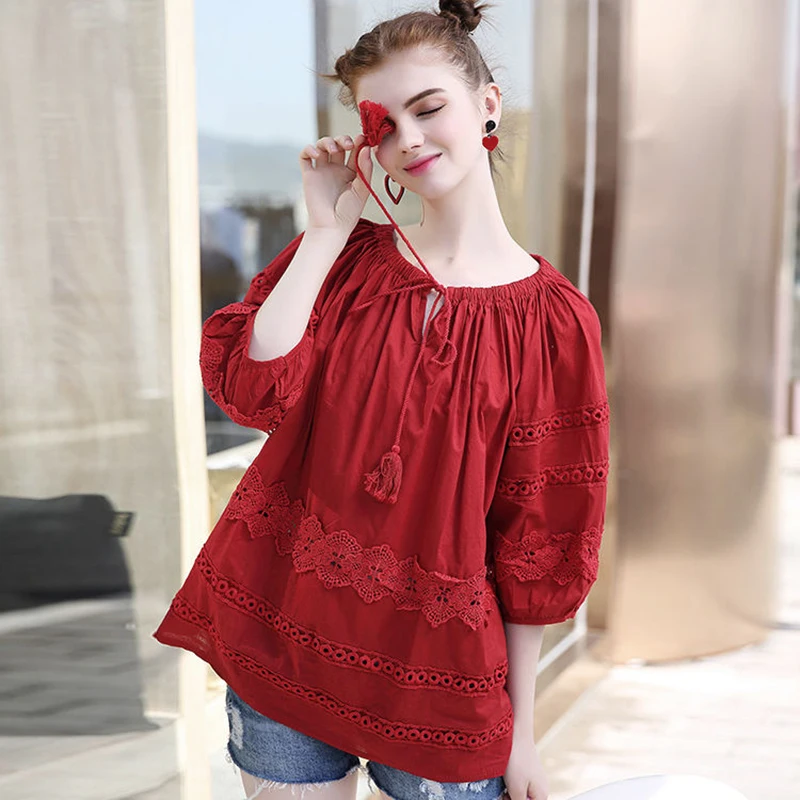

Korea Fashion Slash Neck Tshirt Long Tops Summer Style Patchwork Lace Hollow Out Loose Tee Shirt Femme Cotton Linen Tees D401