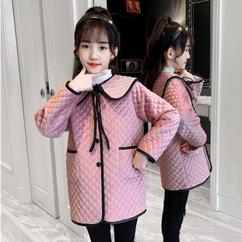 

Children Winter Jacket Cute Teenage Girl Leisure Bow Tie Add Cotton Velvet Coat Loose Thicken Warm Parka Overcoat Kids Outerwear