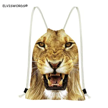 

ELVISWORDS Custom Your Logo Drawstring Backpack Bag Lion Pattern Daypack Kids Satchel Cinch Sack Portable Casual String Sackpack