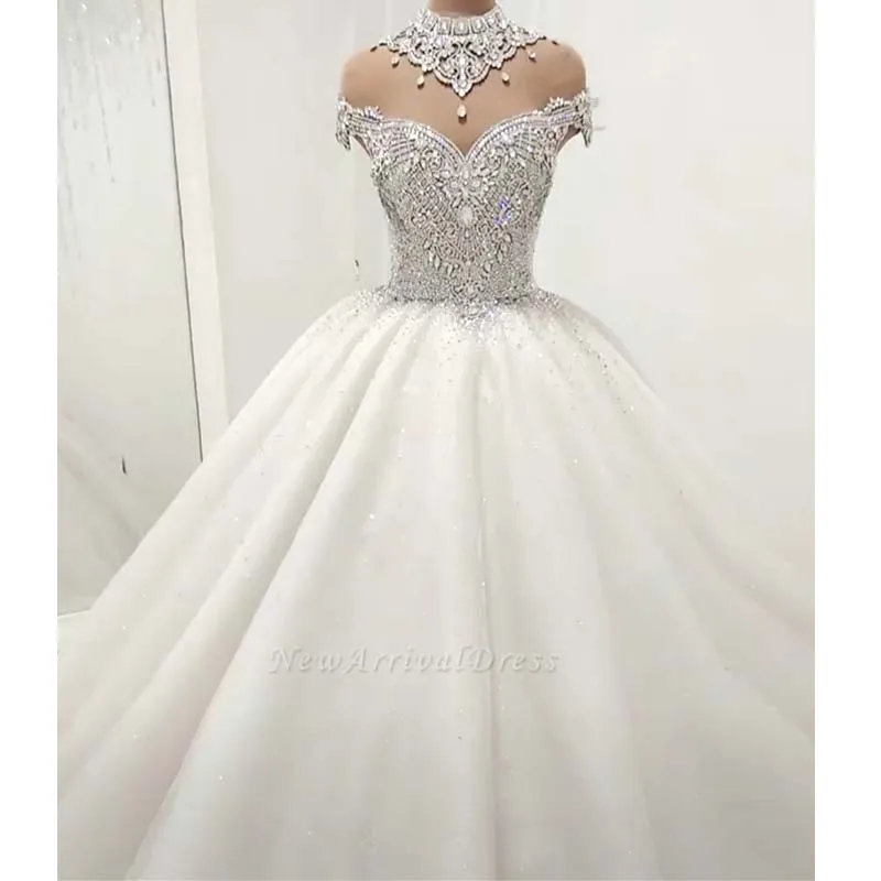 

Luxury Crystal Beading Ball Gown Wedding Dress Vintage High Neck Short Sleeve Tulle Wedding Gown robe de mariee