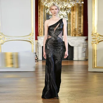 

Black One Shoulder Fashion Sequined Mesh Gown Elegant Sleeveless Slash Neck Satin Celebrity Festival Maxi Dresses For Party 2019