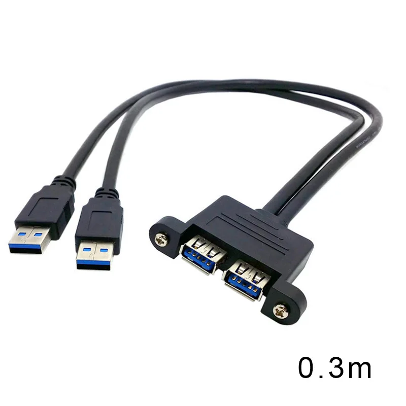 Двойной USB 3,0 папа к женскому удлинительному кабелю с отверстием для крепления винта для домашнего офиса FKU66 - Цвет: 0.3m