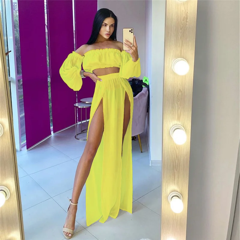Puloru New Women Two-pieces Beach Suits Summer Solid Color Bikini Cover-ups Sets Off Shoulder Crop Tops+High Slit Maxi Skirts 4