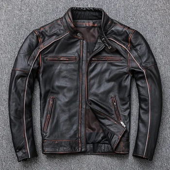 

new head layer cowhide leather male locomotive restoring ancient ways do old leather jacket collar motorcycle clothing