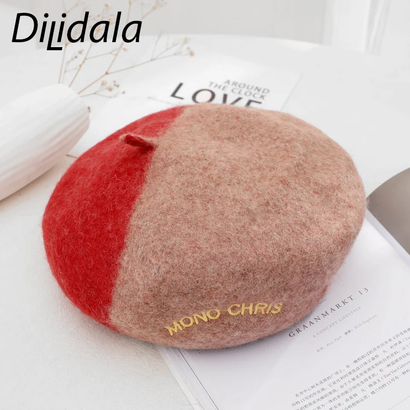 Dilidala, осенне-зимний берет для женщин, для путешествий, отдыха, модная шапка для художника, шерстяная трехмерная двухцветная шапка с вышивкой