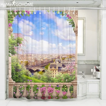 

Shower Curtains 3D Flower Waterproof Colorful Bathroom Shower Curtains Nordic Prosperous Town Plant Garden Print Bath Curtain