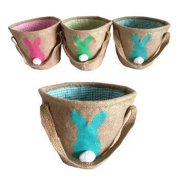 

Creative Easter Bunny Jute Tote Silk Print Rabbit Basket Carry Eggs Candy Bag