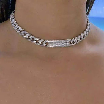 

38cm 41cm iced out gold color full clear cz miami cuban link chain sparking bling women hip hop bling choker chain necklace