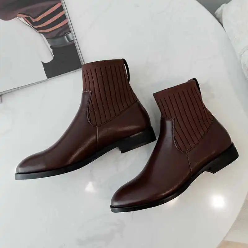 Krazing Pot/Винтажные вязаные носки из натуральной кожи; ботинки с круглым носком на низком каблуке без застежки; женские теплые зимние ботильоны; L95