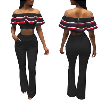 

2020 Fashion 2 Piece Set Women Off the Shoulder Crop Top and Flare Pants Suits Slash Neck Ruffle Sexy Two Piece Sets Outfits