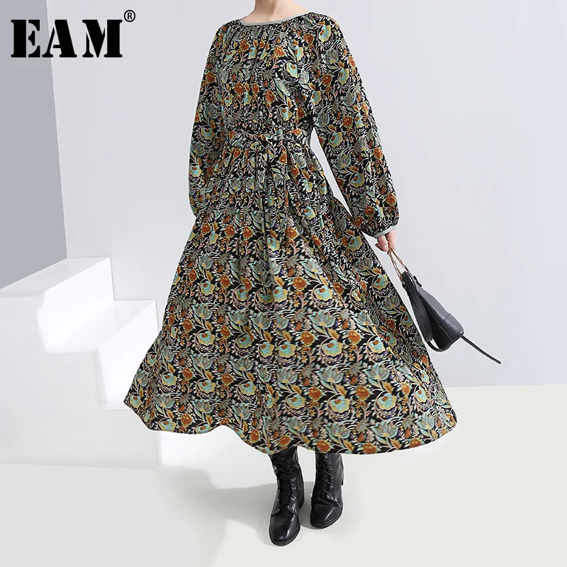 

[EAM] Women Pattern Print Big Size Long Dress New Round Neck Long Sleeve Loose Fit Fashion Tide Spring Autumn 2020 19A-a874