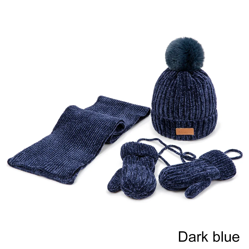 Детская зимняя шапка, шарф, перчатки, комплект, зимняя теплая шапка с помпоном, Детский мягкий вязаный шарф, веревочные перчатки на шею, 3 шт - Цвет: C