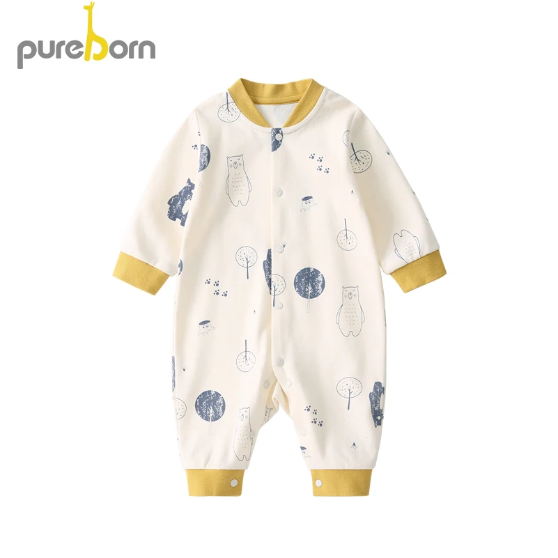 Pureborn Newborn Unisex Baby Jumpsuit Cartoon Bear Cotton Baby Girl Rompers Spring Autumn Clothes Sleep and Play for Baby Boy - Цвет: beige bear