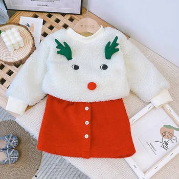 

Gooporson Winter Kids Clothes Fleece Warm Sweatshirt&skirt Deer Embroidery Little Girls Outfits Set Wholesale Clothing