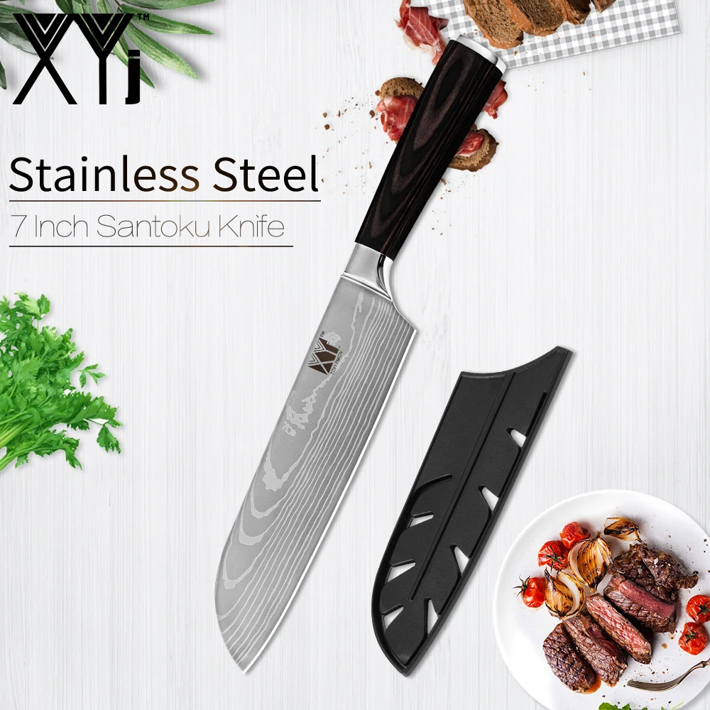 XYj 7 дюймов дамасский узор нож сантоку из нержавеющей стали 7cr17 острое лезвие ножи шеф-повара немецкий стиль кухонные принадлежности Инструменты