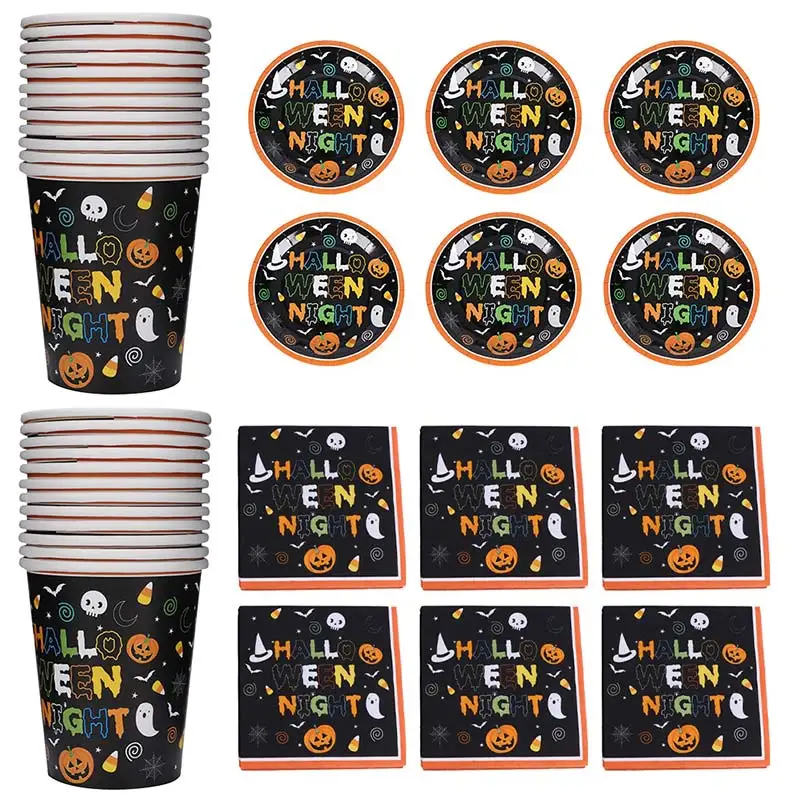 Halloween party decoration kit set of 24 disposable tableware each 7-inch paper plate/paper cup/napkin tablecloth | Дом и сад
