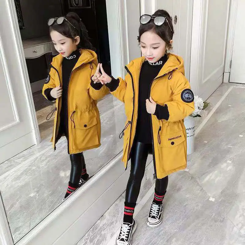 Teenager Girls Winter Solid Pocket Coats Kids Thick Windproof Parkas Plus Velvet Hooded Jacket Children Long Warm Snowsuit | Мать и