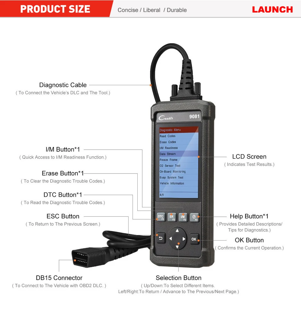 LAUNCH Creader 9081 OBD2 автомобильный сканер кода автомобильный диагностический сканер автоматический сброс 11 Функция сброса TPMS DPF EPB