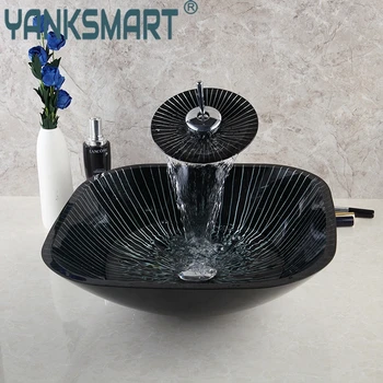 

Bathroom Sink Basin Faucet Set Tempered Glass Hand Painted Stripe Basin Single Hole Deck Mount Waterfall Tap Mixer Faucet
