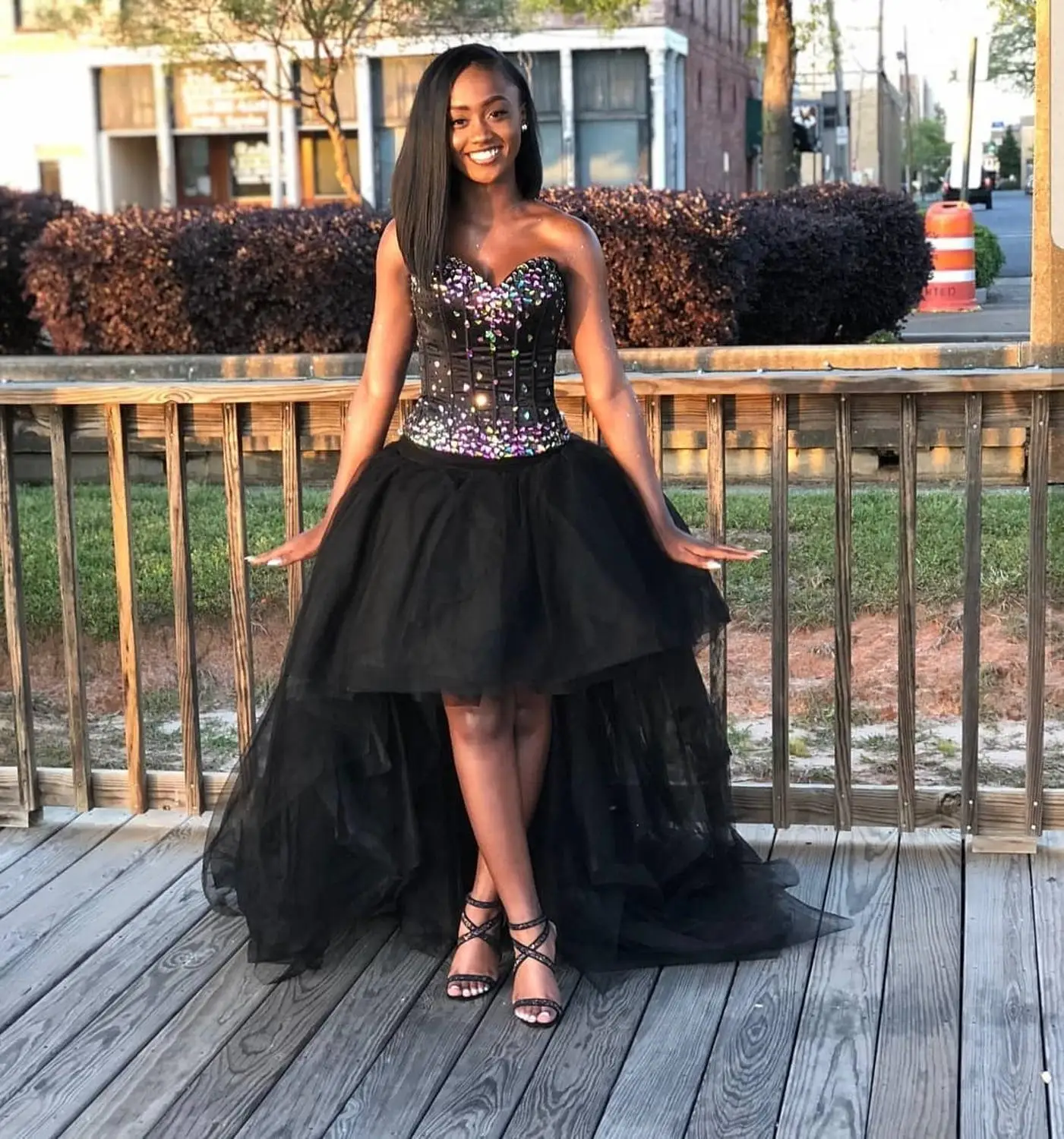 Черное длинное платье для выпускного вечера вышитое бисером Топ Милая Шея высокий-низкий стиль африканская темнокожая девушка платье для выпускного вечера es