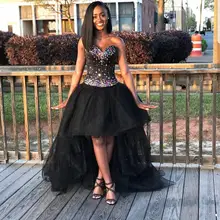 Черное длинное платье для выпускного вечера вышитое бисером Топ Милая Шея высокий-низкий стиль африканская темнокожая девушка платье для выпускного вечера es