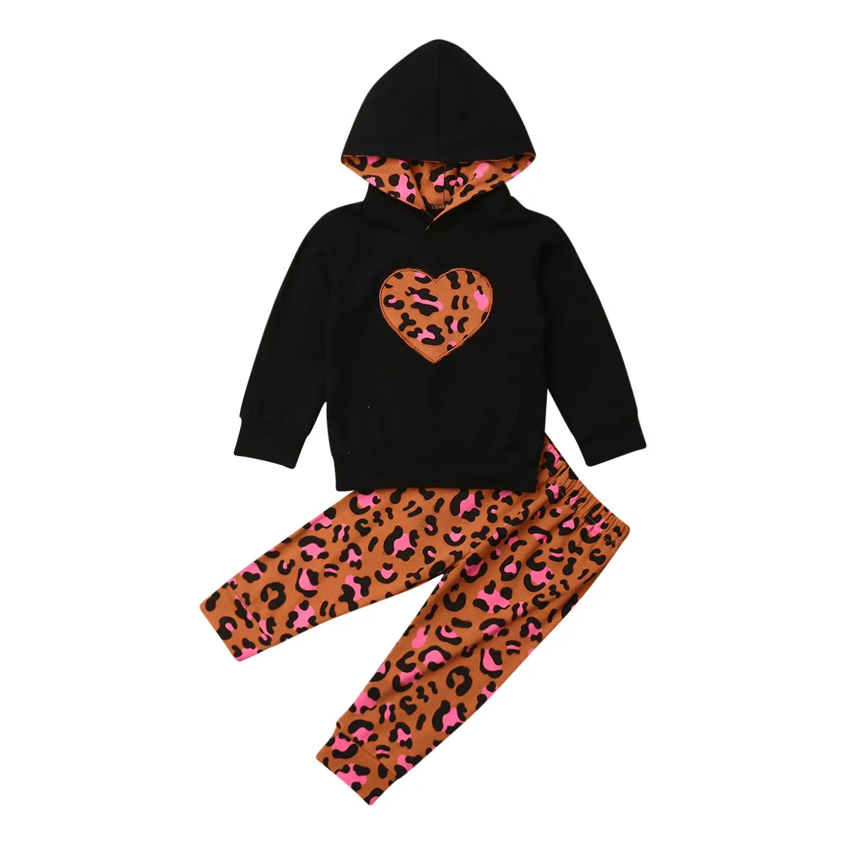 

2019 New Autumn Kids Baby Girl Long Sleeve Heart Print Hooded Tops Leopard Long Pant Legging 2PCS Outfits Clothing Set