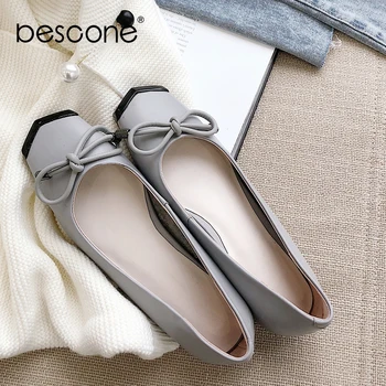

BESCONE Comfortable Women Flats Walking Anti-Slippery High Quality Cow Leather Butterfly Knot Decoration Shoes Solid Flats BO461