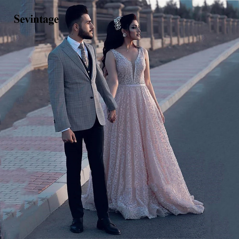 

Sevintage bestidos de gala A Line Pink Evening Dress Tank V Neck Lace Long Prom Gowns Floor Length robe de soiree