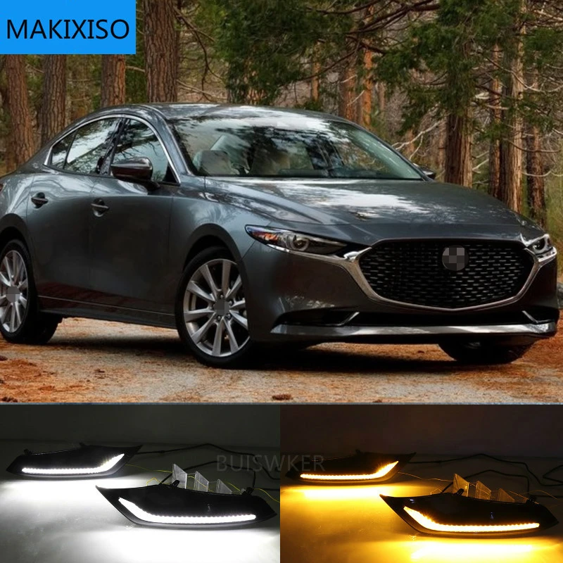 

2 шт. LED DRL для Mazda 3 axela 2019 2020 12V светодиодный DRL вождения автомобиля противотуманные фары светильник противотуманных фар с затемнением сигнал поворота стиль реле