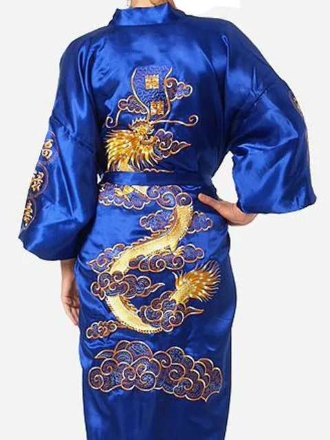 Navy Blue Chinese Men's Satin Silk Robe Embroidery Kimono Bath Gown Dragon Size S M L XL XXL XXXL best silk pajamas Men's Sleep & Lounge