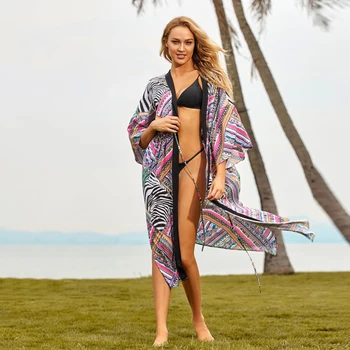 

2020 Bohemian Women Summer Beach Dress Bikini Cover-ups Swim Wear Cover Up Cotton Tunic Sexy Deep V-Neck Robe Caftan