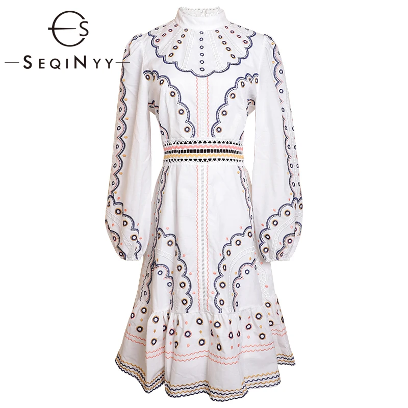 

SEQINYY Casual Dress 2020 Summer Spring New Fashion Design Hollow out Lace Embroidery A-line Knee Dress