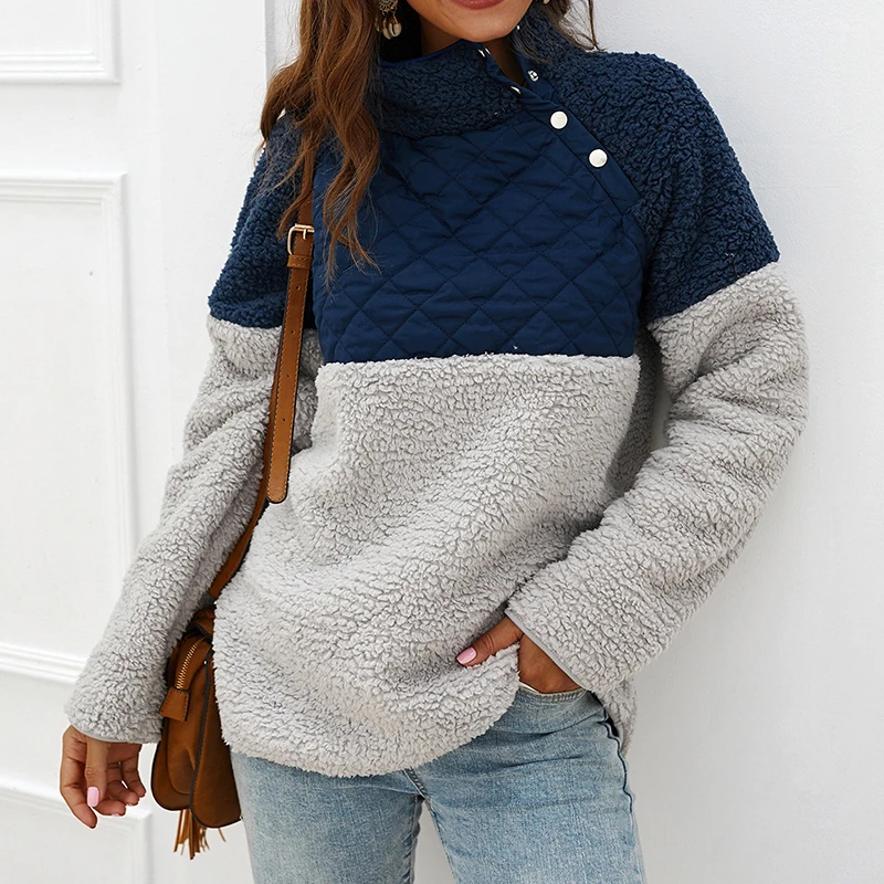 Navy Blue Плотные толстовки с длинными рукавами и высоким воротником, рубашки, лоскутные женские толстовки, пуловеры, Осень-зима, флисовый плюшевый уютный джемпер M0606 - Цвет: Navy Blue