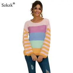 Szkzk цветной блок полосатый вязаный Легкий трикотажный свитер 2019 осень зима цветной свободный женский свитер с принтом и пуловеры