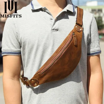 

MISFITS Genuine Crazy Horse Leather Waist Packs for Men Travel Fanny Pack Belt Length Male Small Waist Bag for Phone Pouch