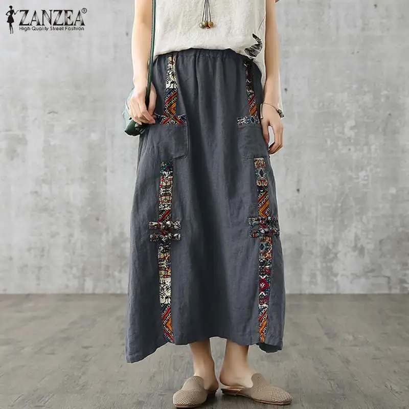 

Casual Elastic Waist Patchwork Jupe Faldas Saia ZANZEA Women Ethnic Print Skirt Vintage Midi Skirt Summer Cotton Linen Skirts 7