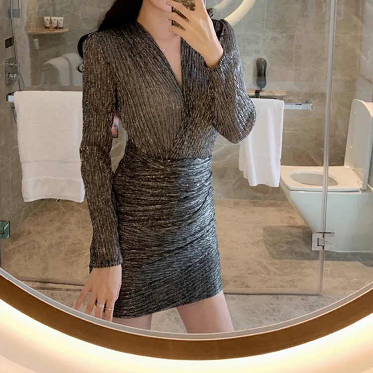 TOP QUALITY Newest Runway Baroque Designer Dress Women's Long Sleeve Sexy V-neck Shimmer Dress