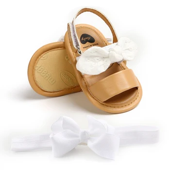 

Infants Baby First Walkers Baby Girls Shoes Summer Leather with Headband Set Bow-knot Non-slip Flat with for Girls Outdoor