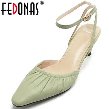 

FEDONAS Pleated Genuine Leather Women's Sandals Pointed Toe High Heels Buttoned Sandals 2020 Summer Autumn Weddding Shoes Woman