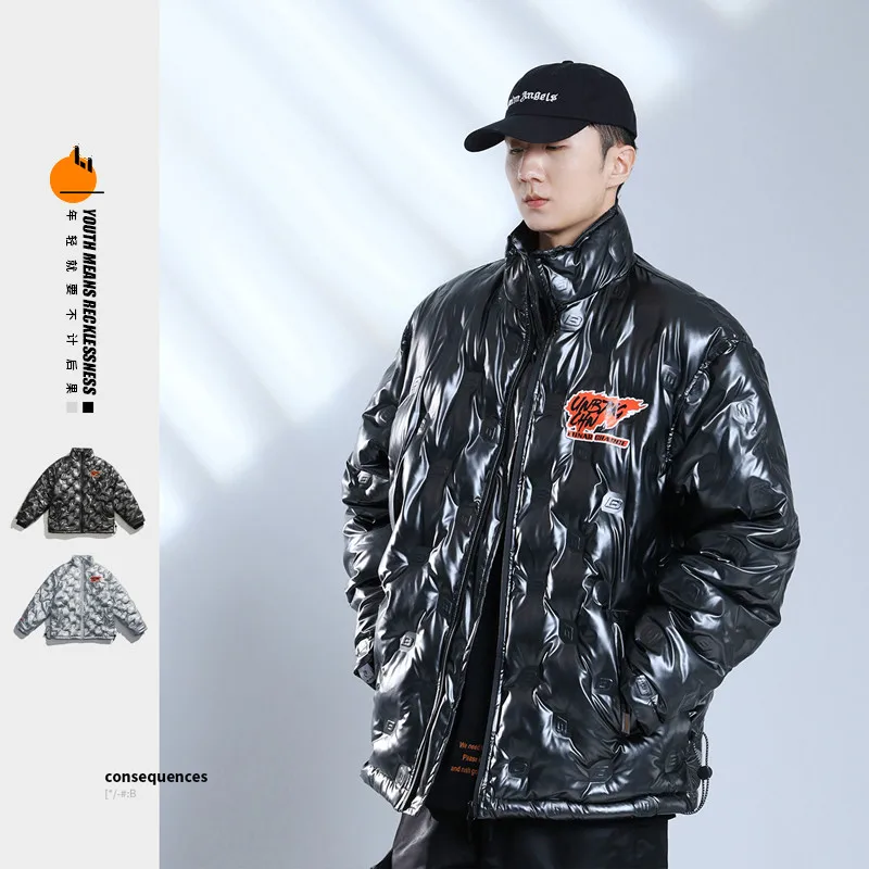 

2020 Winter New Thick Metal Technology Sense Reflective Stand-up Collar Cotton Coat Men's Trendy Brand Function Loose Bread Coat