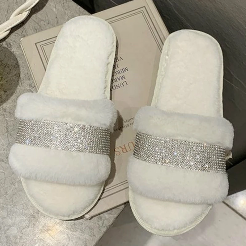 Fur Slippers Rhinestone Home-Shoes Slides-Design Fluffy Luxury Winter Women Ladies Indoor