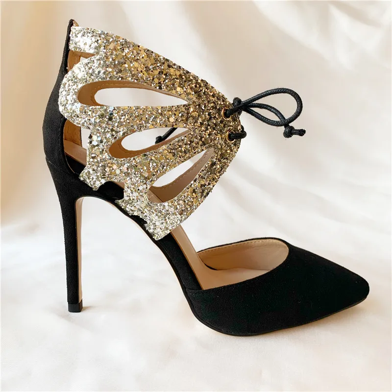 

2020 summer new style free shipping fashion women pumps black suede silver glitter Cut-Outs ankle strappy high heels shoes 10cm