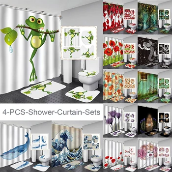 

4pcs/set Waterproof Shower Curtain Bathroom Mat Non-Slip Polyester Carpet Pedestal Rugs Lid Toilet Cover Bath Supplies