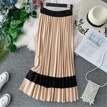 Зимняя Джокер Мода Высокая талия тонкая стрейчевая трапециевидная прошитая плиссированная юбка женская до середины икры в полоску качающаяся длинная юбка