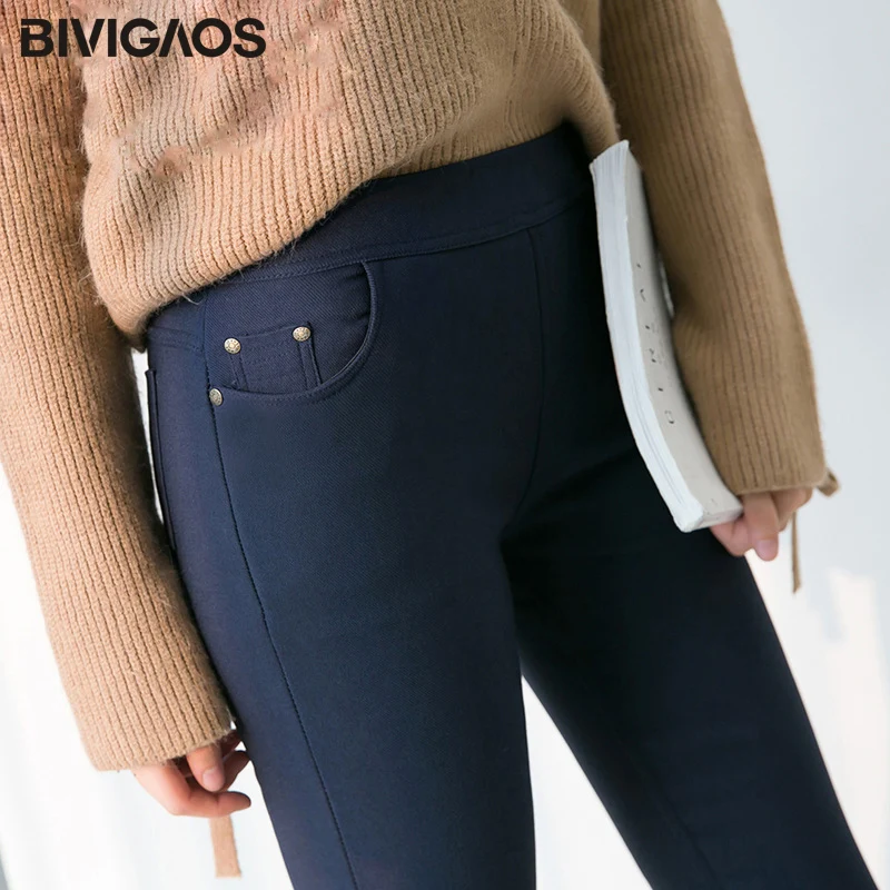 Ceny BIVIGAOS nowych kobiet jesień zima pogrubienie ciepłe spodnie ołówkowe złota aksamitna elastyczna szpilki kieszeń legginsy spodnie Plus rozmiar spodnie
