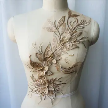 

Gold Brown 3D Flower Tassel Lace Fabric Gown Appliques Trims Embroidered Collar Mesh Sew Patch For Wedding Decoration Dress DIY